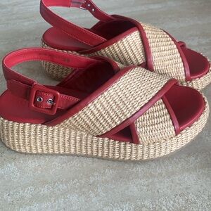 M. Gemi Red Leather & Woven Straw Platform Sandals
